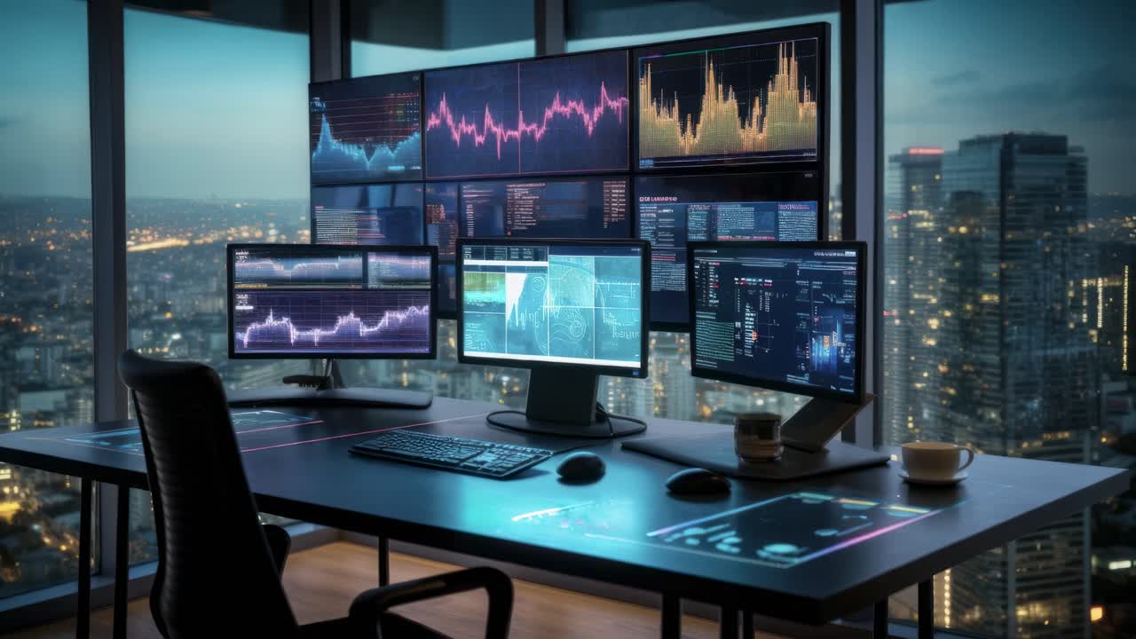 Visuale ad angolo elevato di una moderna postazione di trading con diversi schermi che mostrano dati finanziari e video