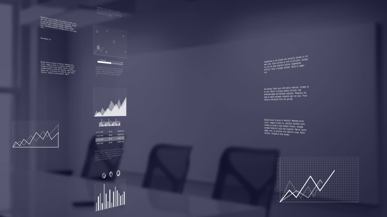 Animation of financial data processing over empty office