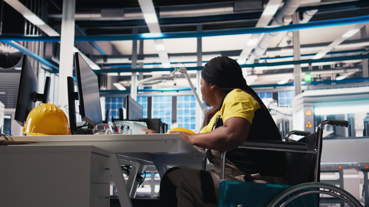 Vertical Video Photovoltaics factory worker with physical impairment using PC