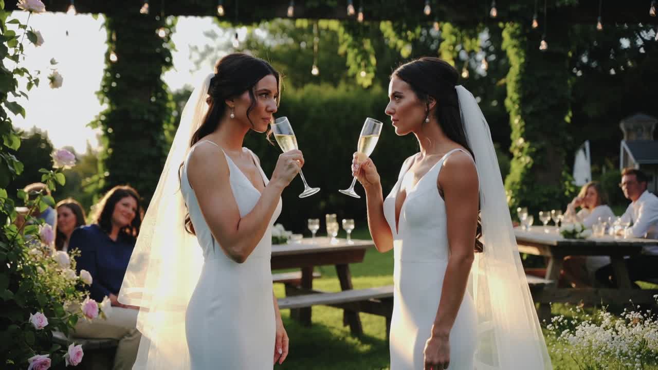 Due spose si guardano negli occhi, in abiti e veli, e brindano al matrimonio con i calici sotto un pergolato, mentre gli invitati le osservano.