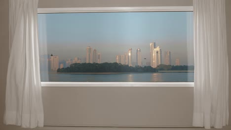 view from window skyscrapers in city on sea shore and birds in sky. background plate, chroma key video background