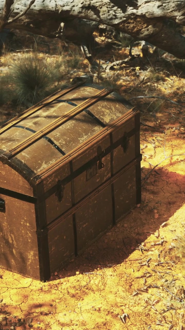 Cofre del tesoro sobre suelo arenoso bajo el sol en un área abierta