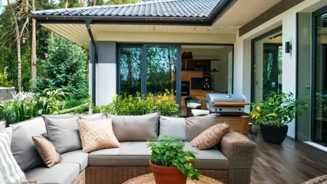 a patio with a couch, table, chairs and a grill