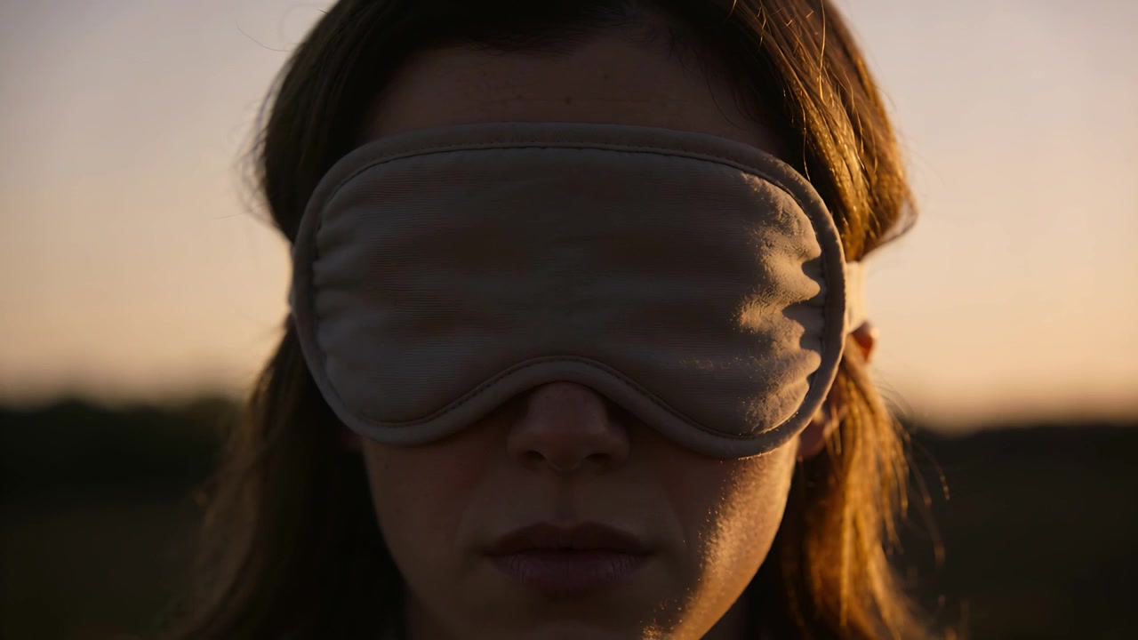Pulling back camera showing adult female lowering chin at sunset, padded beige sleep mask collar
