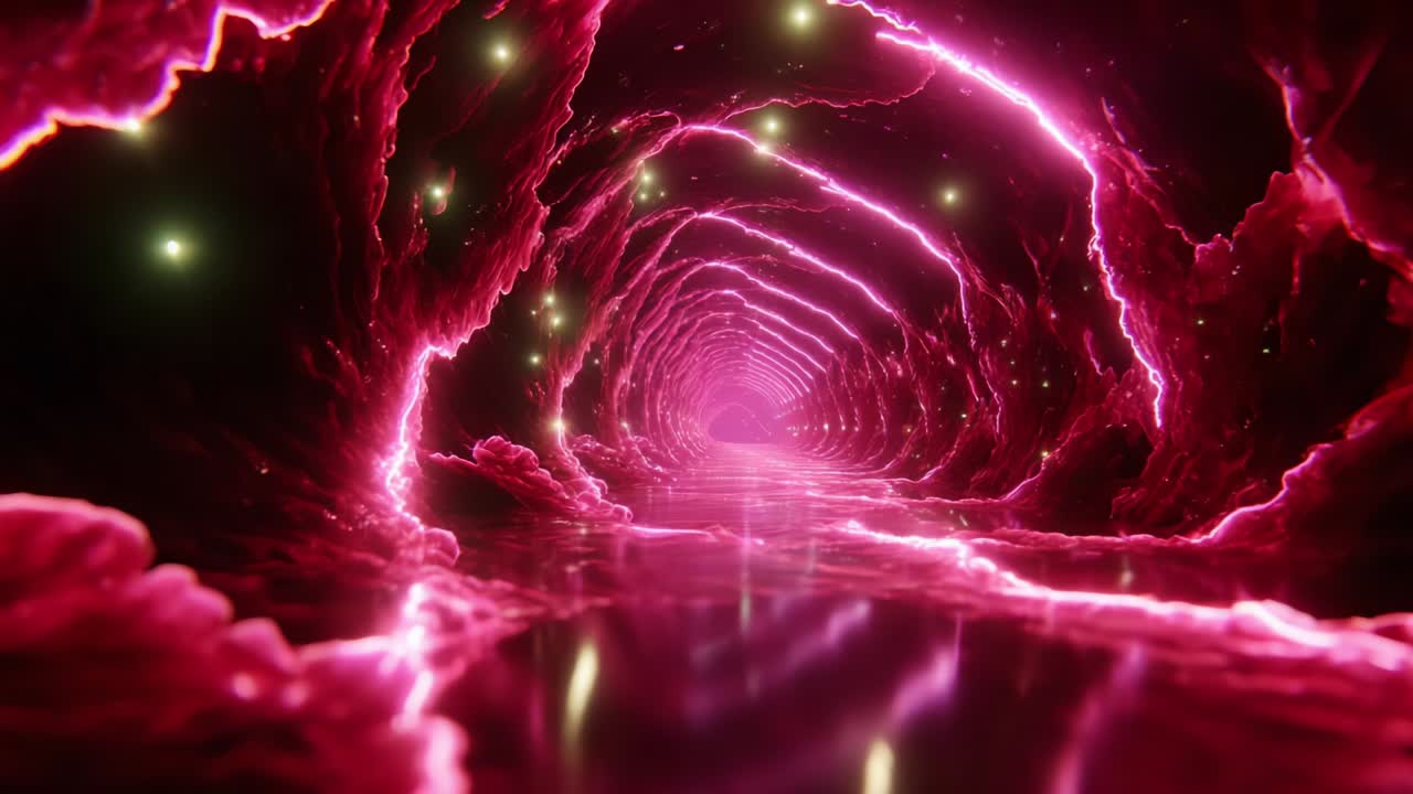 A captivating journey through a vibrant, pulsating tunnel of energy, showcasing swirling shades of pink and radiant lights that evoke a sense of depth and motion, inviting the viewer to explore the unknown