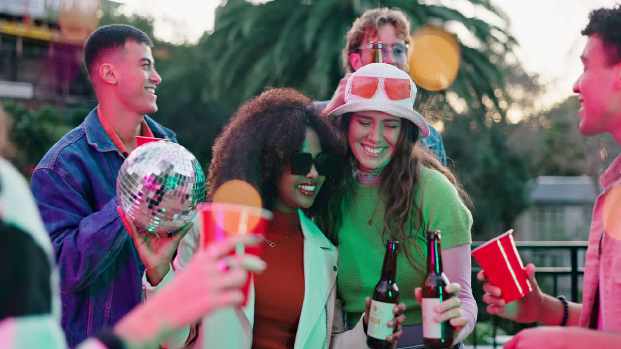 Friends celebrating at a rooftop party