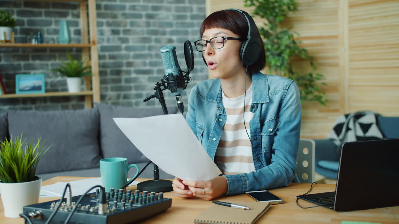 Woman Recording Podcast or Radio Show