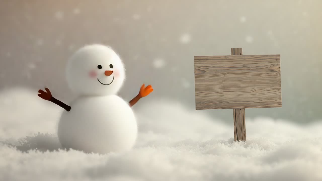 Greeting snowman waving gloves, hopping while flakes drifting on field with blank sign, copy space