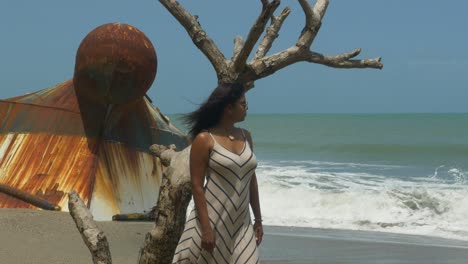 A-female-model-enjoying-the-waves-crashing-at-her-feet-with-a-shipwreck-in-the-background