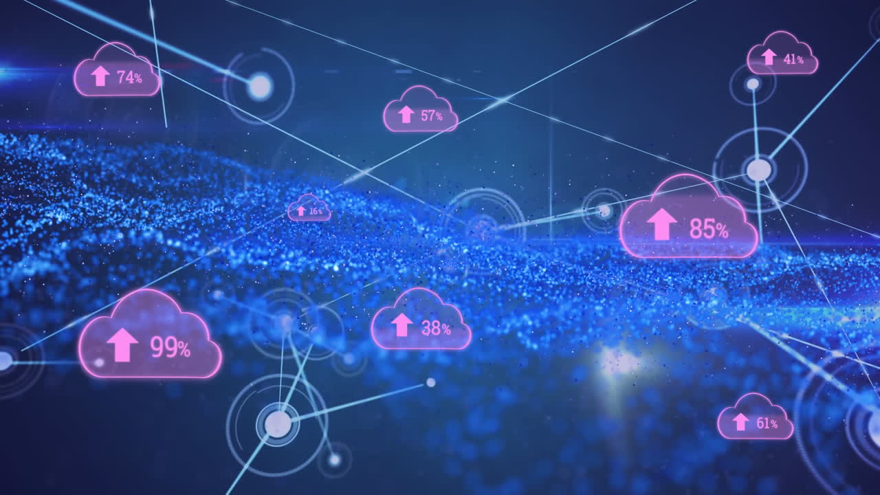 점점 더 많은 비율로 클라우드 아이콘의 애니메이션, 연결 네트워크 및 디지털 웨이브