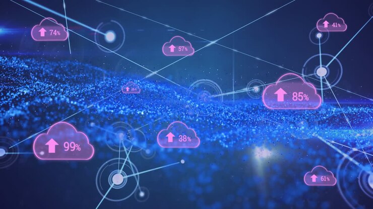 Animation of cloud icons with increasing percentage, network of connections and digital wave