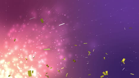 animación de confeti de oro que cae sobre partículas de luz brillante sobre un fondo púrpura
