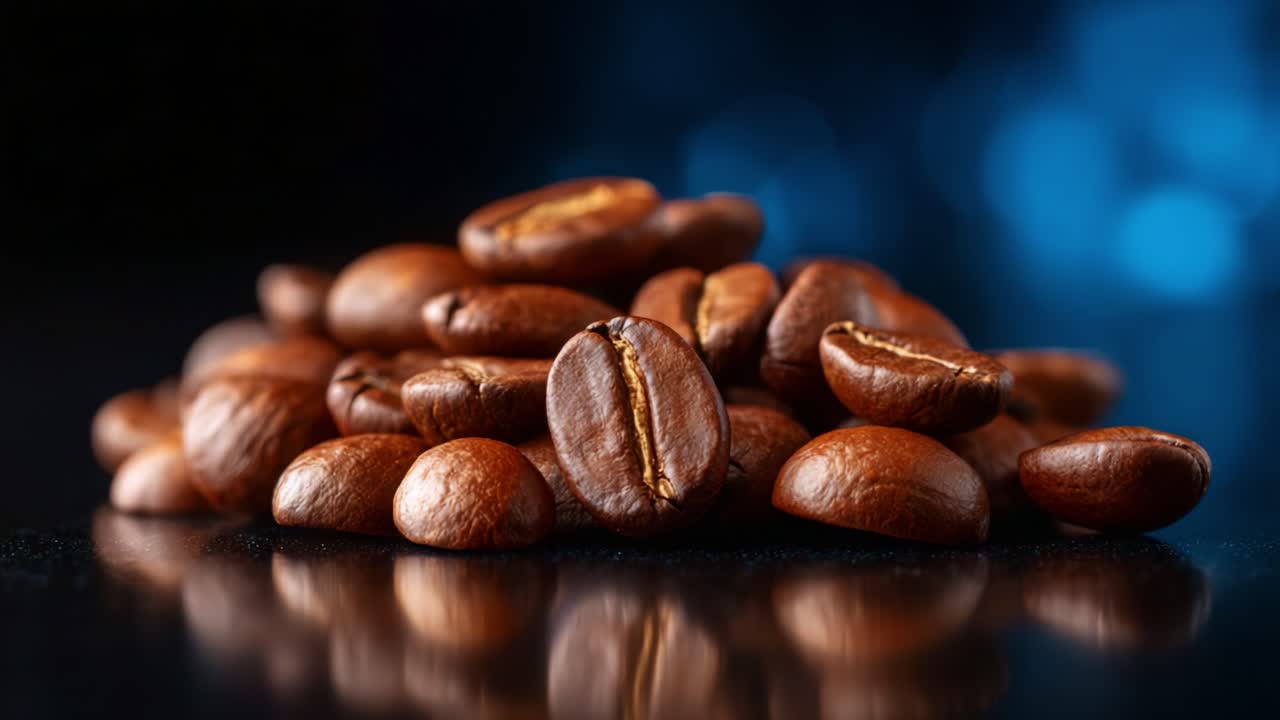 Nærbillede af friskristede kaffebønner på en blank overflade med en smuk blå bokeh-baggrund, der viser bønnernes rige tekstur og farve
