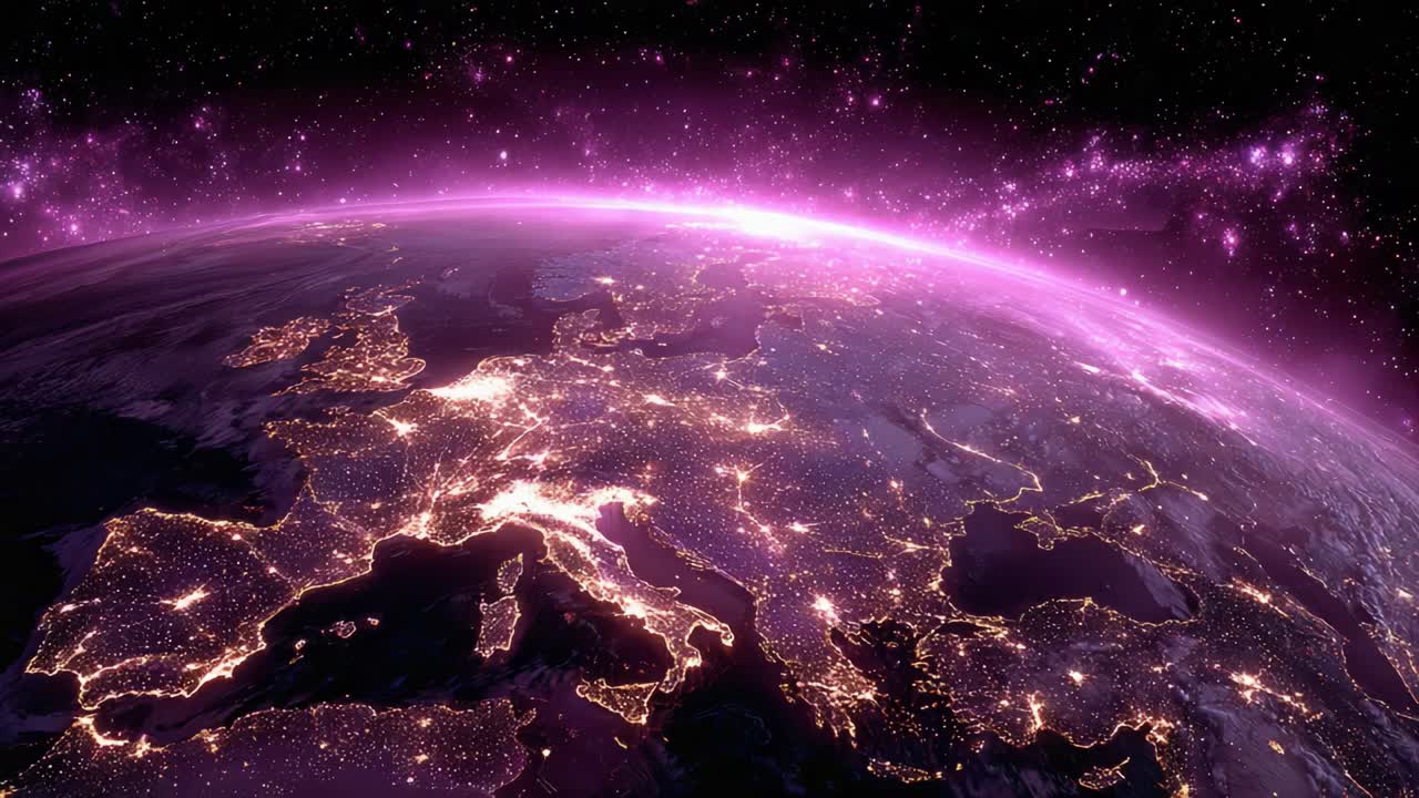 Una vista mozzafiato della Terra di notte: distese di terra illuminate e bellezza celestiale catturate dallo spazio, che mostrano le luci vivaci dell'Europa in una meraviglia cosmica