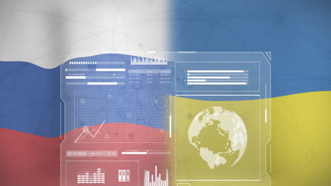 data analysis animation over russian and ukrainian flags background