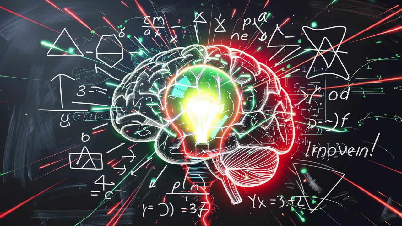 Glowing Brain with Lightbulb and Mathematical Equations on a Chalkboard
