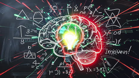 glowing brain with lightbulb and mathematical equations on a chalkboard