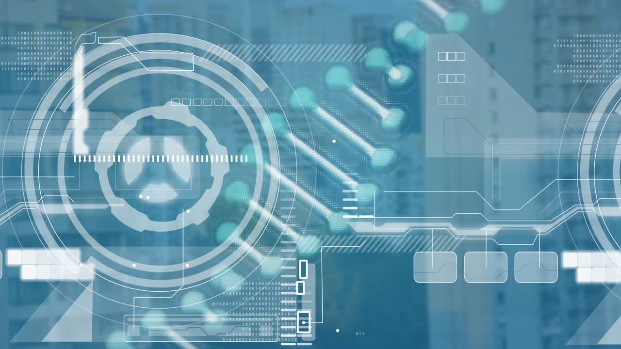 animación de escaneo de alcance y cadena de adn sobre el paisaje urbano