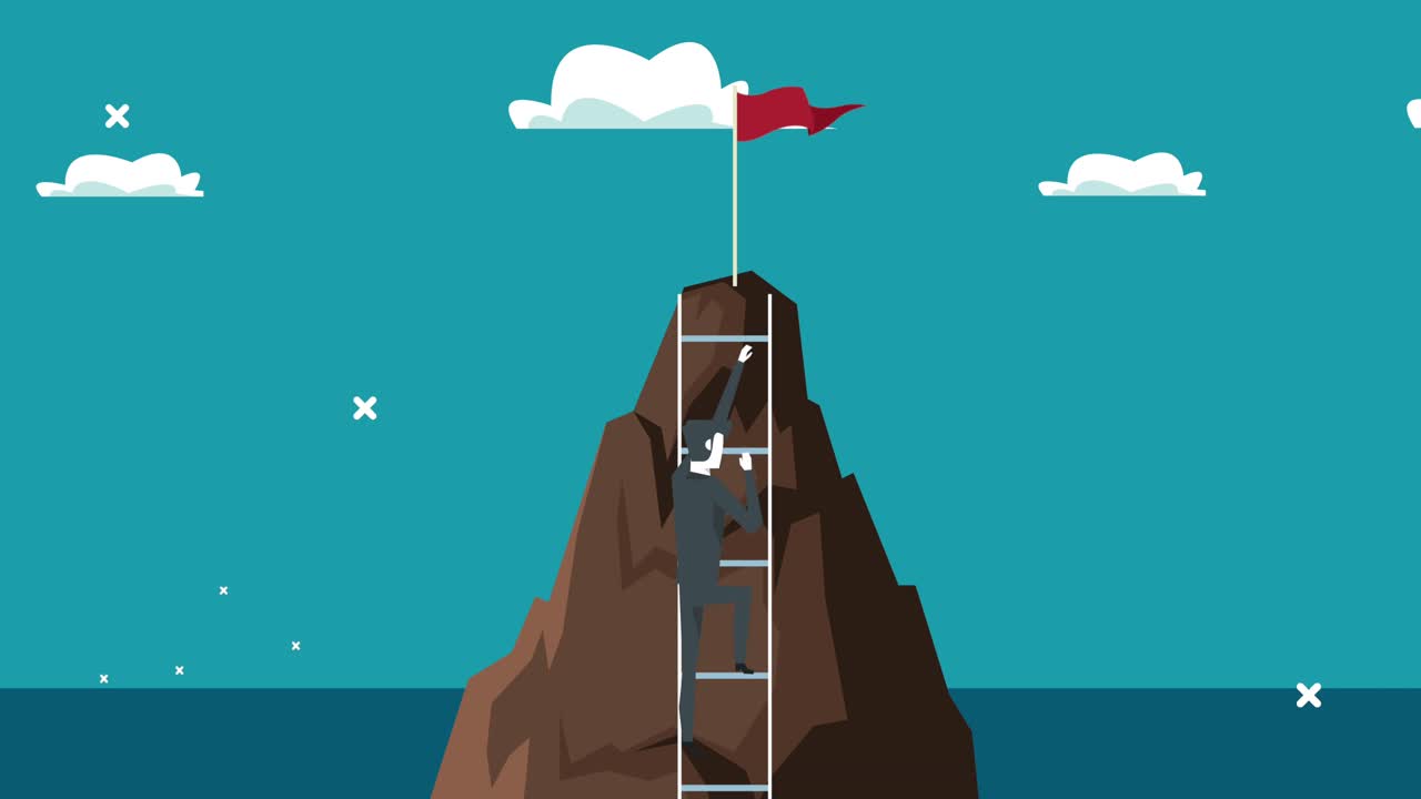 우아한 사업가 노동자가 산에서 계단을 올라가고 있습니다.