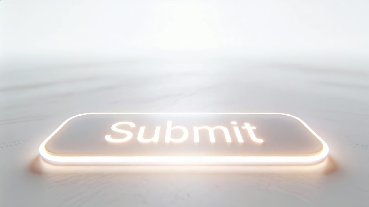 Camera dollying in, overhead light blooming, Submit button glowing on pale platform, inviting press