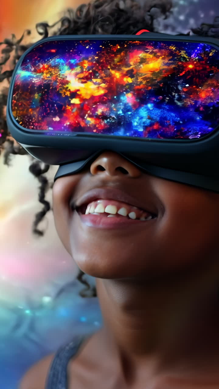 A young girl is wearing a virtual reality headset and smiling. The background is a colorful painting with a galaxy in the background