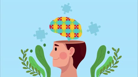mental health animation with profile human and brain puzzle