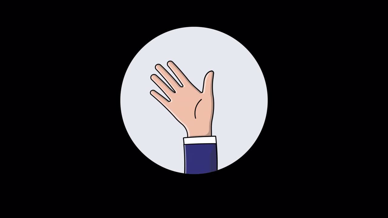 Mano animata a fumetto che saluta in cerchio