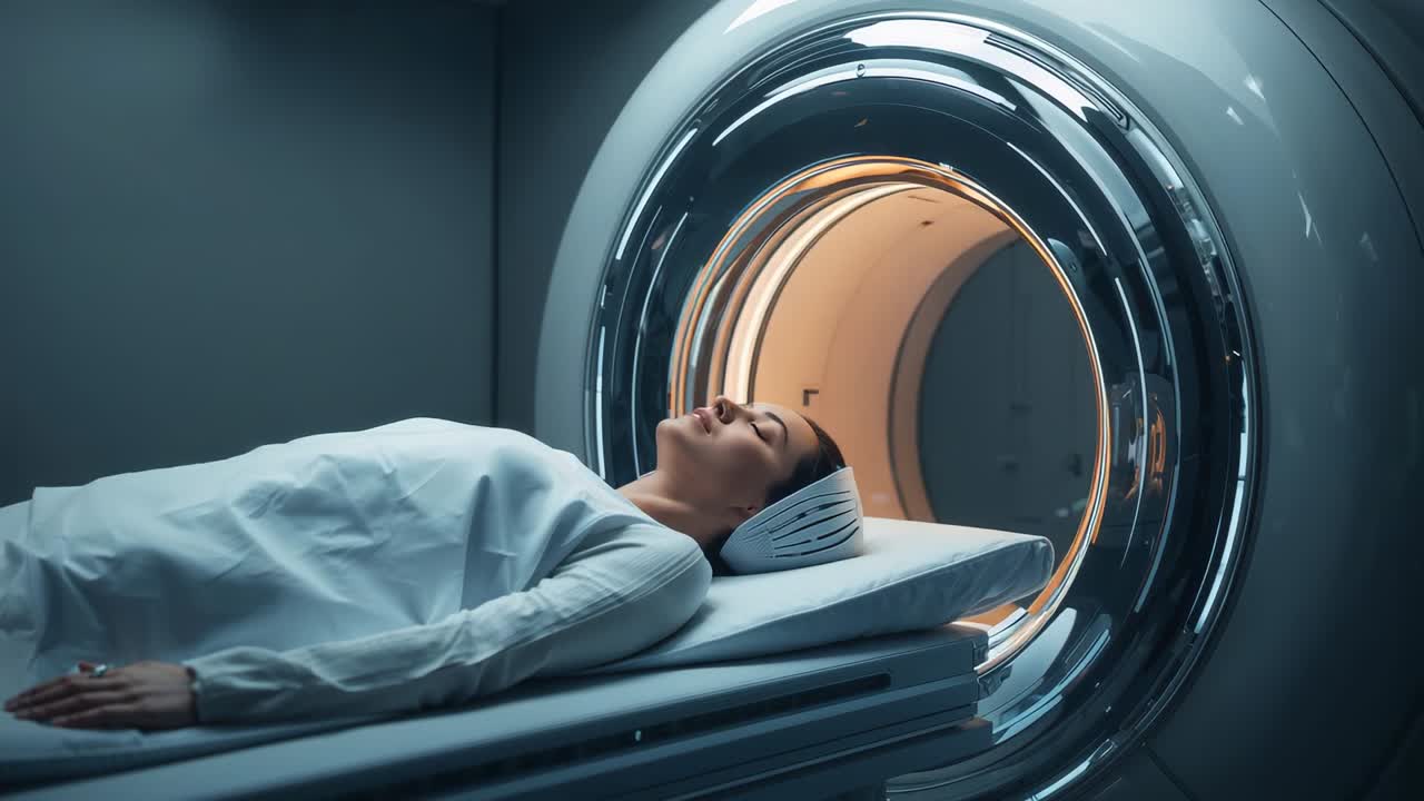 Luci che si attivano, piattaforma motorizzata che trasporta una donna nello scanner della clinica per la scansione, con bobina da testa e camice