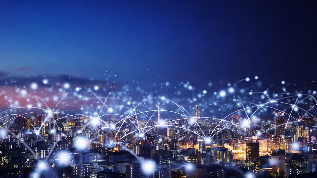 A mesmerizing view of a vibrant city skyline at night, illuminated with twinkling lights, interconnected by a network of glowing lines that represent digital communication and technological advancement