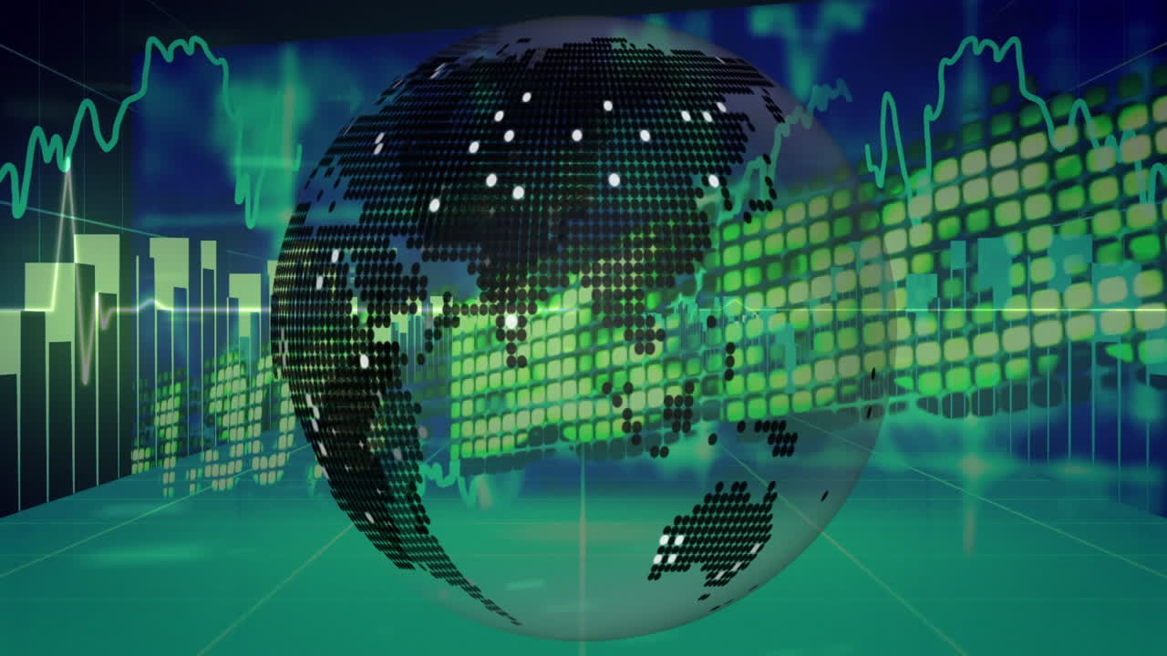 monitor de frecuencia cardíaca sobre el globo giratorio contra el mercado de valores y el procesamiento de datos estadísticos