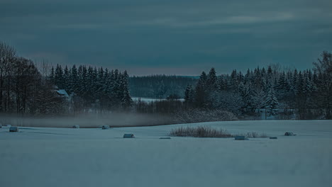 time lapse of snowy field and fores with thick fog moving, covering the area