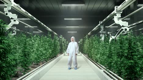 full body of asian marijuana researcher looking at the smart robotic farmers working in the marijuana greenhouse