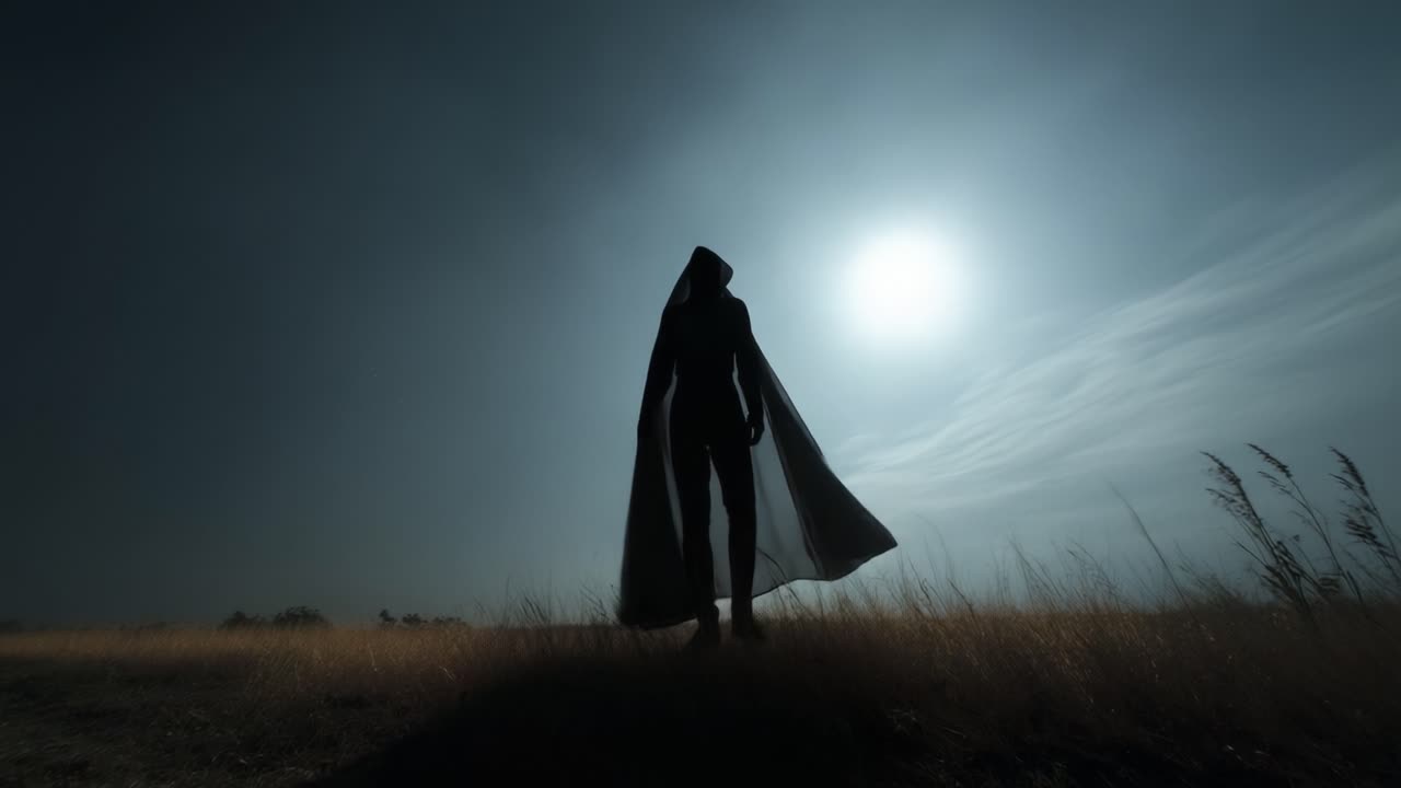 A Mysterious Figure Emerges Under the Moonlit Sky, Shrouded in a Flowing Cloak, Capturing an Enigmatic Presence Amidst the Serene Wilderness and Ambient Light