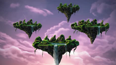 floating islands with waterfalls in a pink and purple sky