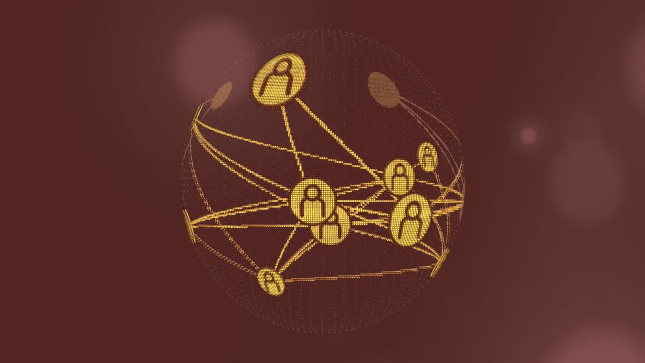 Animation of network of profile icons over a globe against spots of light on grey background