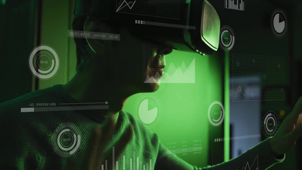 Using virtual reality headset, person interacting with data visualization animation