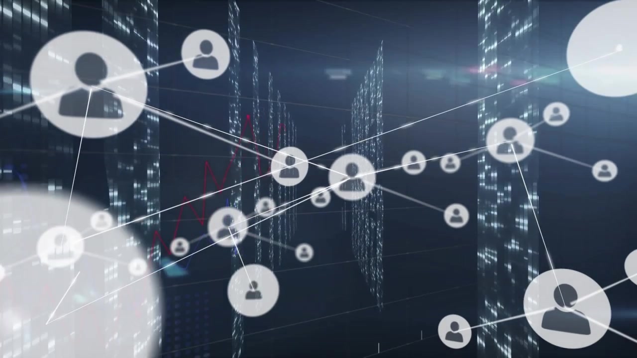 Animation of network of connections with icons and data processing over computer servers
