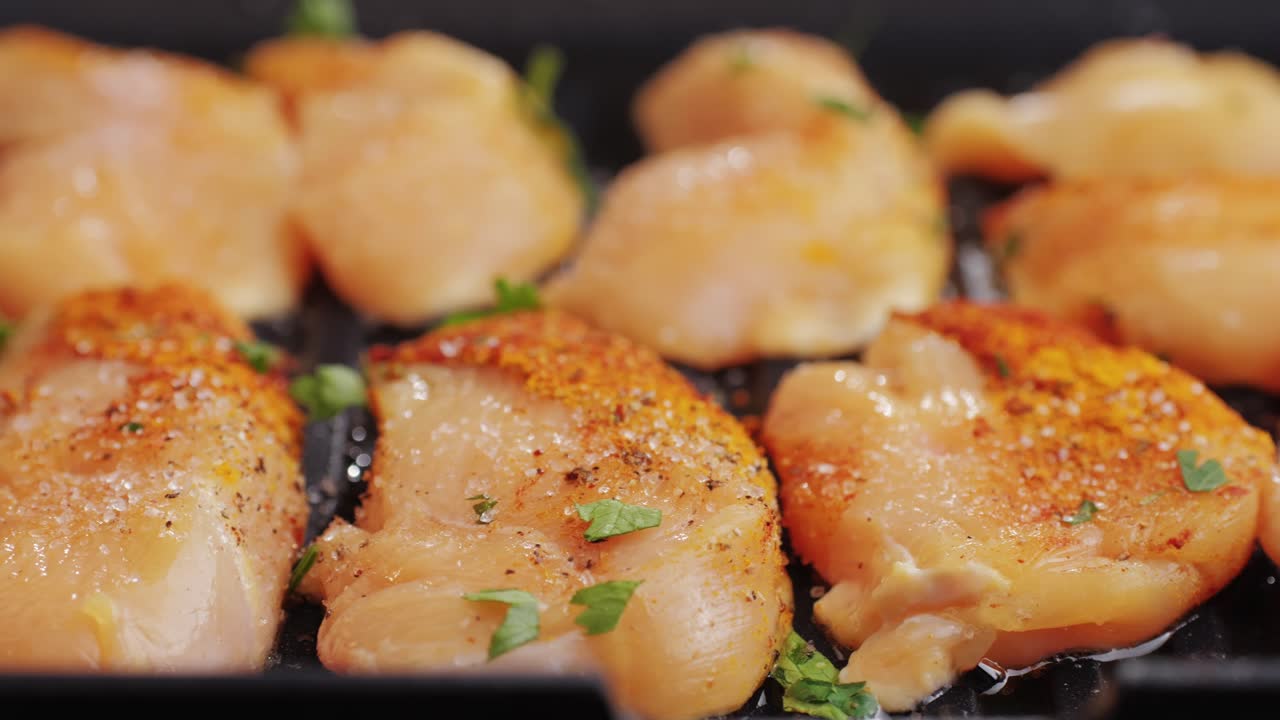 Cooking raw chicken meat in yellow turmeric spice with garlic and greens on grill close-up. Fry chicken slice on frying.pan Grilled chicken, duck, turkey kebab with vegetables.