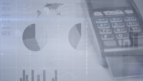 animation of financial data processing over payment terminal on white background