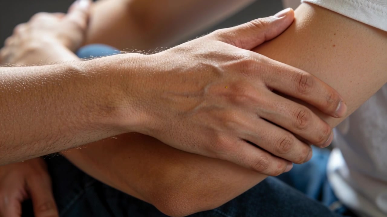 Una mano si posa sull'avambraccio del partner, trasformandosi in una presa salda e di sostegno a casa, con una maglietta a maniche corte.