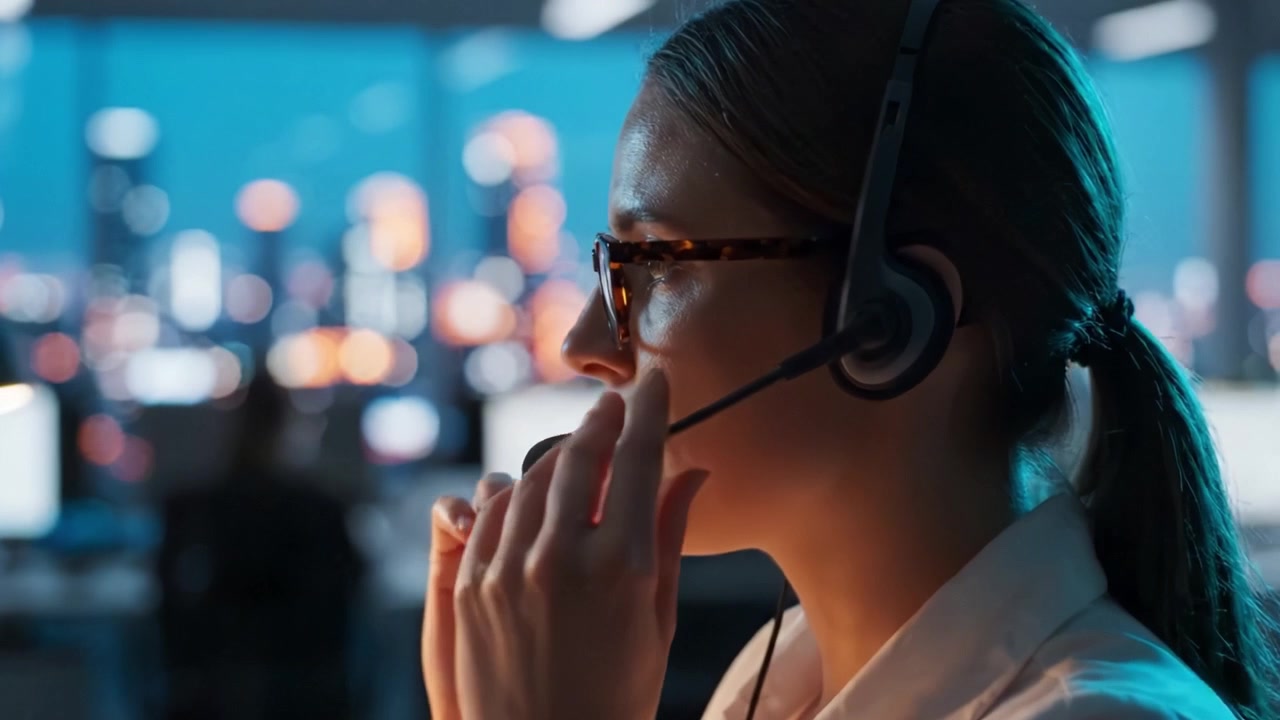 Donna professionista concentrata con cuffie che lavora fino a tardi la notte in un ufficio moderno con luci della città sullo sfondo, dimostrando competenze dedicate nel servizio clienti
