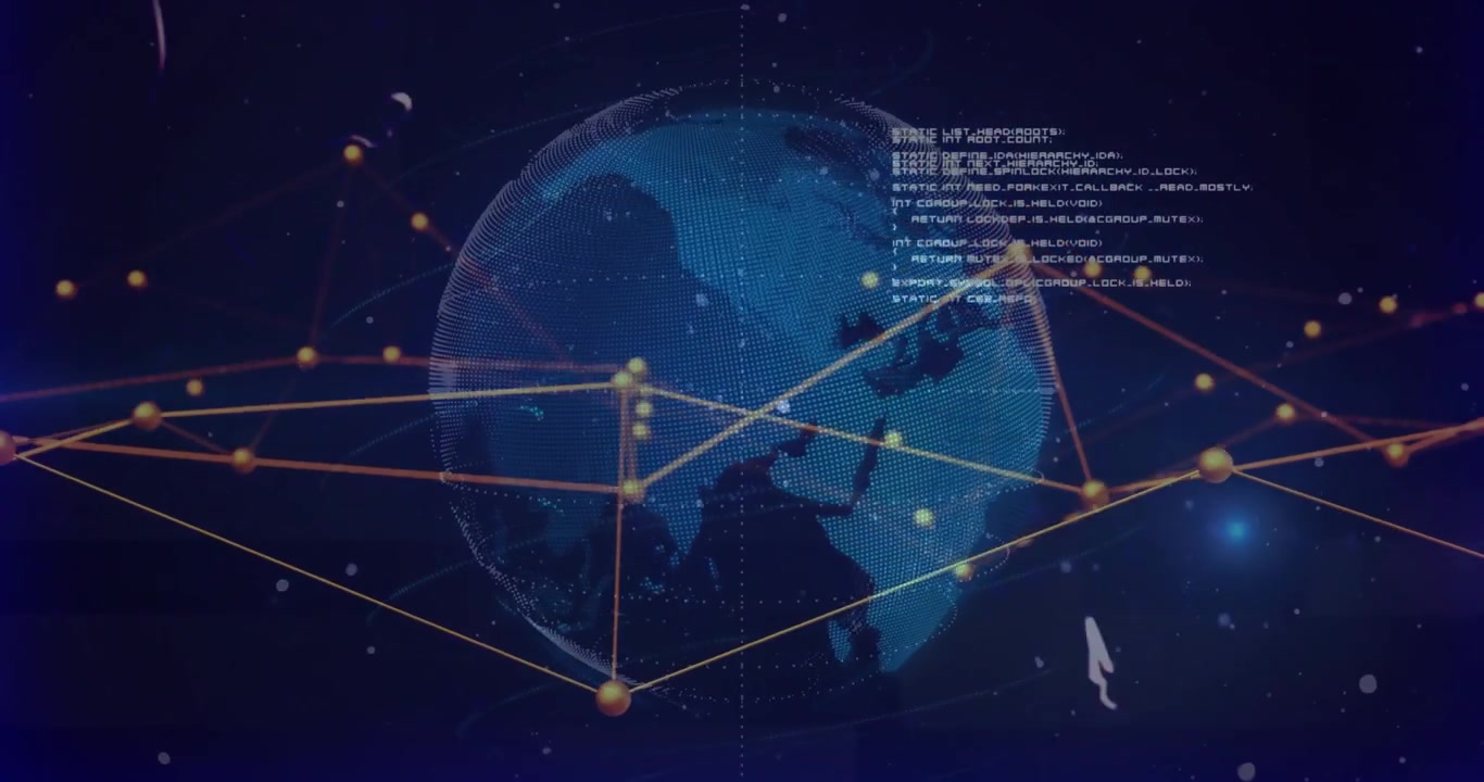 Sfondo che sfuma attiva un globo rotante che collega nodi con linee e codice, visualizzando una rete.