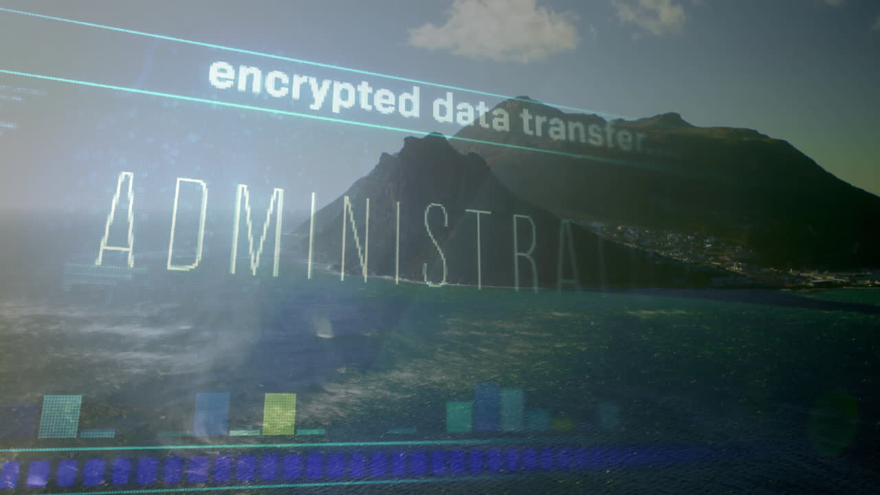 Encrypted data transfer animation over scenic coastal landscape with mountains