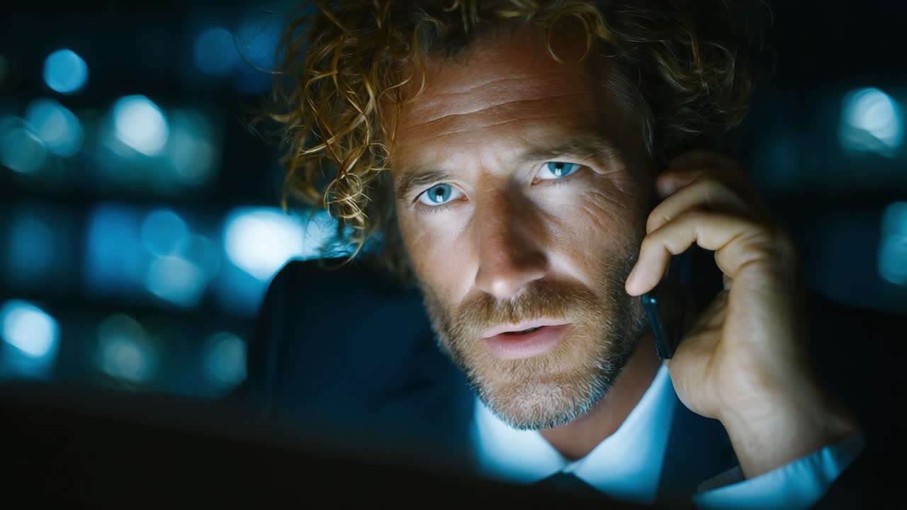 Ein professioneller Mann zeigt intensive Konzentration und tiefe Aufmerksamkeit während eines Telefonats, wobei er wichtige Informationen vor dem Hintergrund leuchtender Bildschirme verarbeitet.