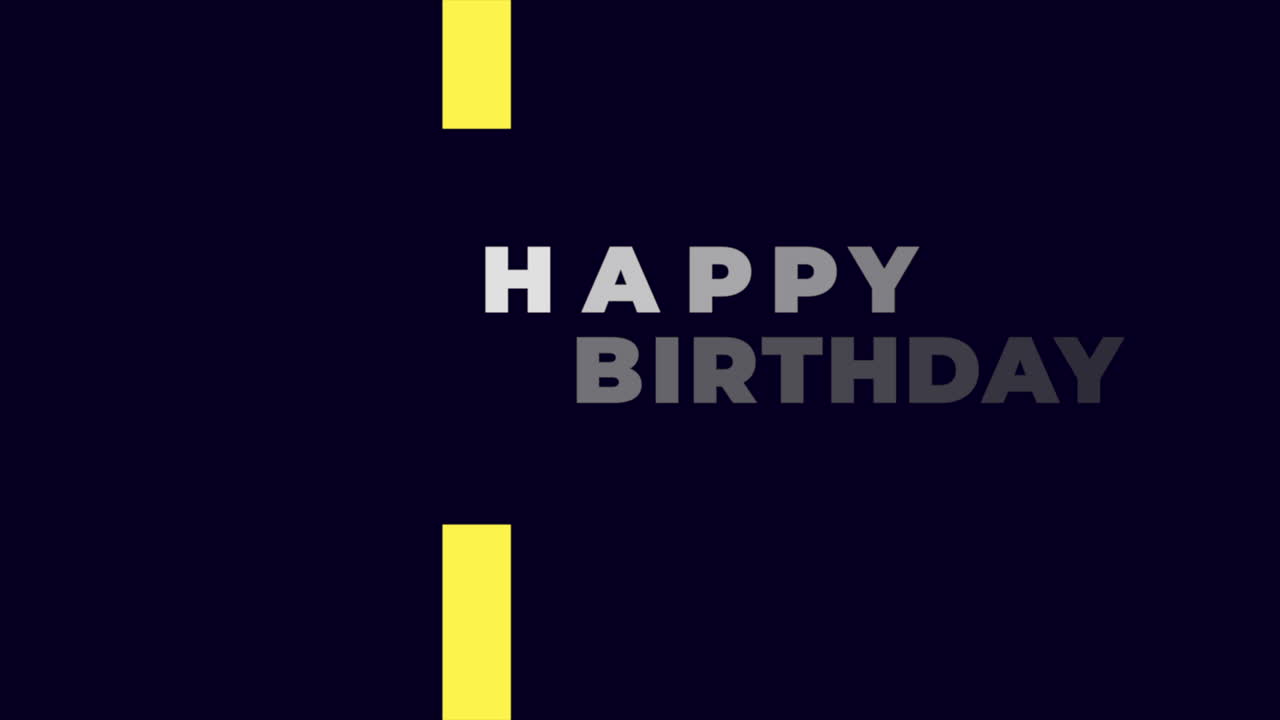 tarjeta de cumpleaños moderna con fondo negro, rayas amarillas y texto blanco