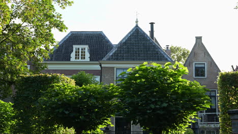 Typische-Niederländische-Architektur-Hinter-Bäumen-In-Gouda,-Niederlande