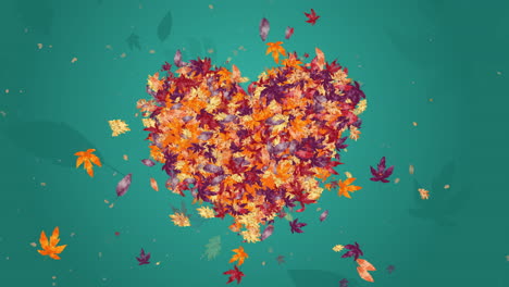 autumn nature frame with colorful autumn leaves heart shape on green background. loop motion graphic.