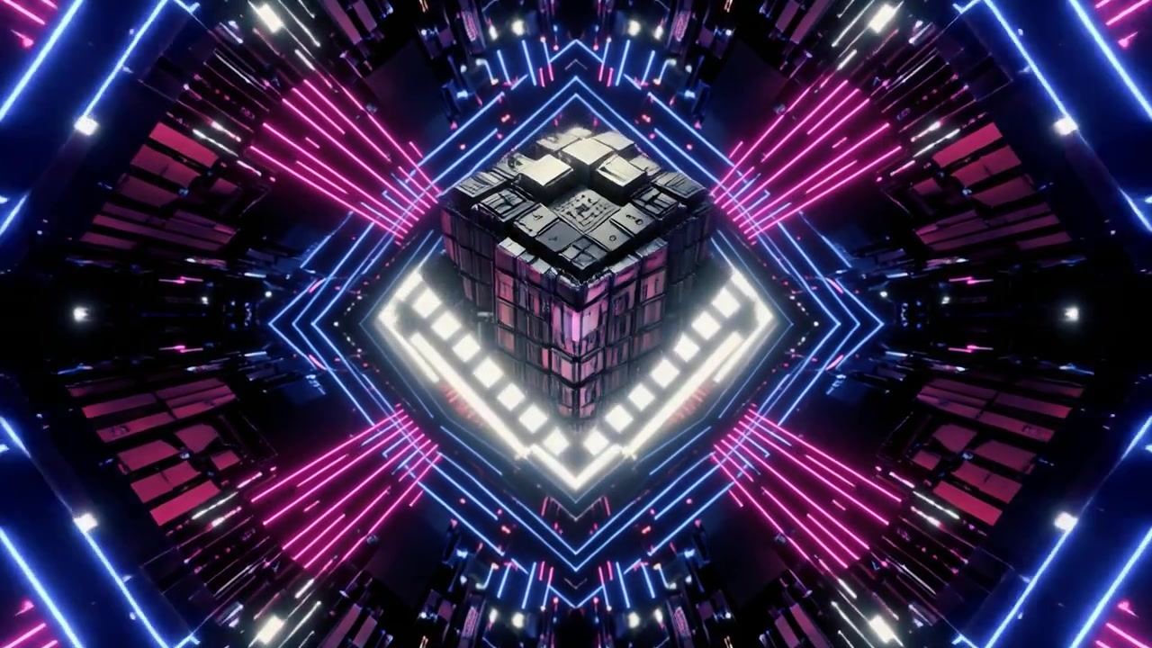 Rotating Futuristic Cube in Neon Light Tunnel
