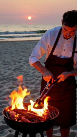 chef grilling lobster on a beach sunset