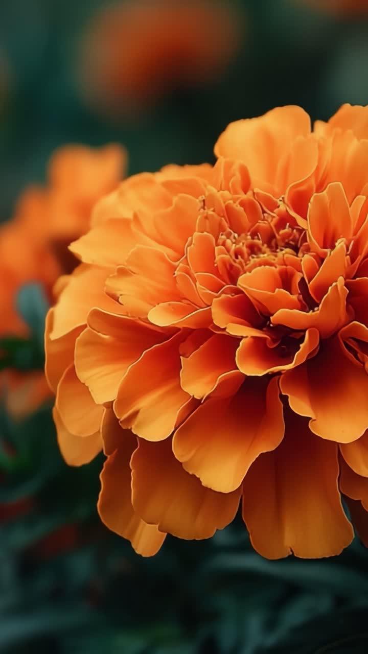 Un vibrante primo piano di un bellissimo fiore di calendula arancione su uno sfondo verde lussureggiante, che mette in mostra i suoi colori ricchi e i petali intricati.